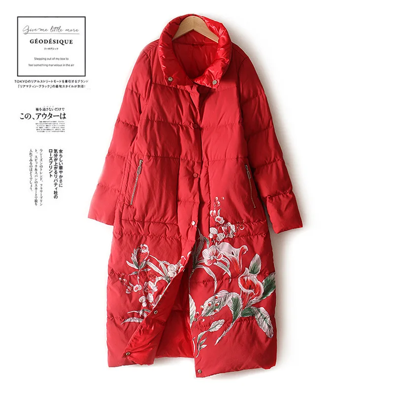 Женское Свободное длинное пуховое пальто с принтом зимнее двухстороннее стенд для одежды воротник женские парки Пальто винтажная элегантная теплая верхняя одежда - Цвет: Красный