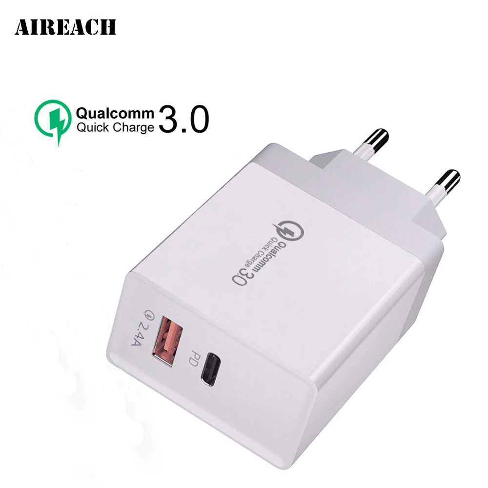 

AIREACH 36W Quick Charge 3.0 USB Charger QC3.0 QC Type C PD Plug Fast Charging Mobile Phone Charger For iPhone Samsung Galaxy
