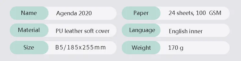 Agenda ноутбук в простом стиле B5 185*255 мм, 24 листа, кожаный мягкий переплет, качественная бумага 100 GSM, горизонтальный, стационарный