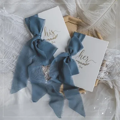 2 шт романтическая свадебная открытка с шармезом, шифоновая лента "His Her wows", свадебные открытки, клятва, подарок для свадебного душа, Flatlays Prop - Цвет: Blue Chiffon