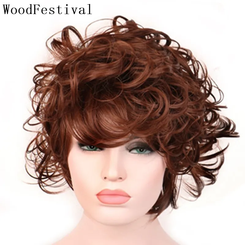 

WoodFestival Party Short Wig Curly Cosplay Synthetic Hair Wigs For Women Heat Resistant Female Auburn Reddish Brown Color