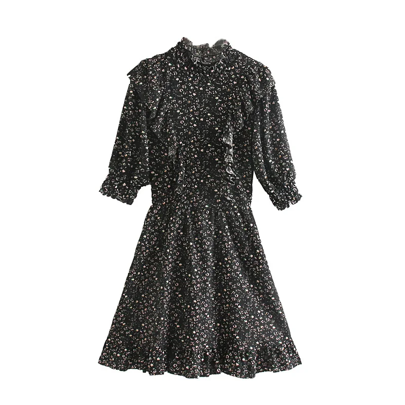 black dress Повседневное элегантное Плиссированное женское платье с рукавами-фонариками и цветочным воротником с цветочным принтом, мини-платье с пятиконечными рукавами - Цвет: black dress