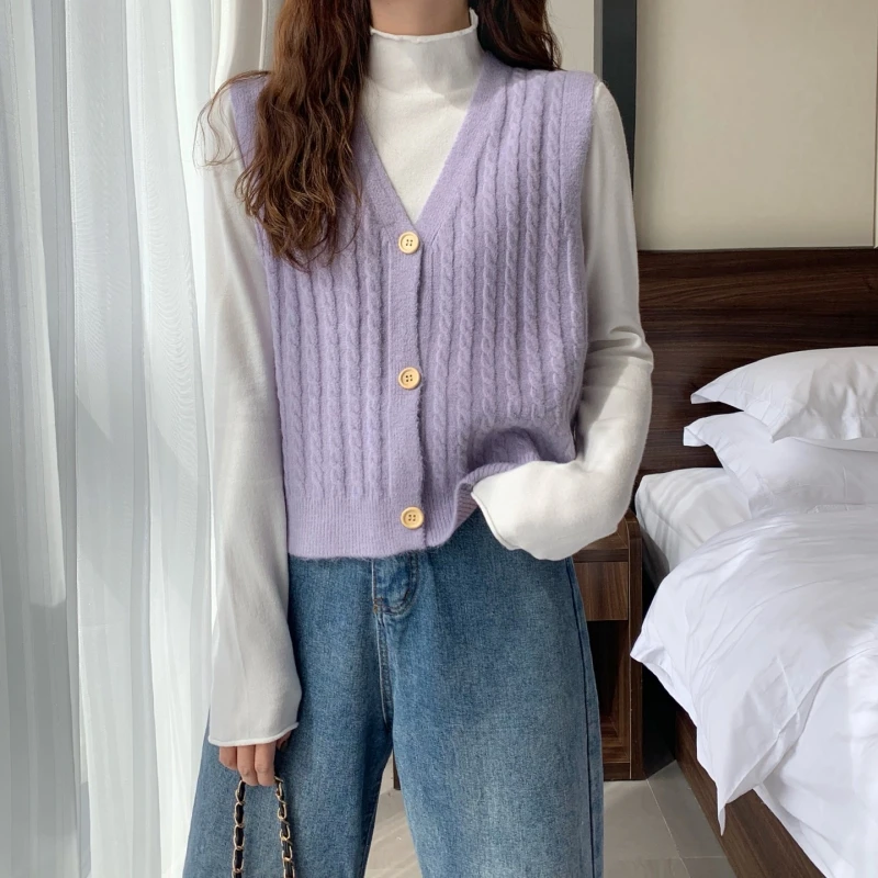 

Women Sweater Vest Knitted V-Neck Female Waistcoat Cardigan Sweater Coat soft Autumn Winter With Buttons