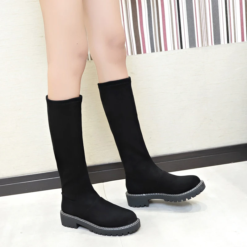 

Women's warm boots 2019 autumn and winter slip on flock boots knee high boots platforms women's winter plus size shoes hot sale