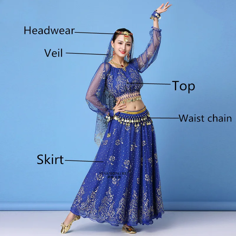Болливуд платье костюм для женщин набор индийский танец сари танец живота наряд Одежда для выступлений шифон с длинным рукавом Топ+ пояс+ юбка - Цвет: Royal blue 5pcs