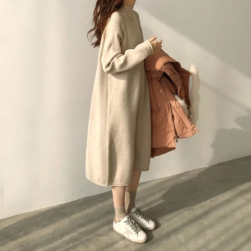 

Thick Warm Half-Turtle-Neck Thread Knitted Dress Autumn And Winter Loose-Fit Raglan Sleeve Versatile Base Dress
