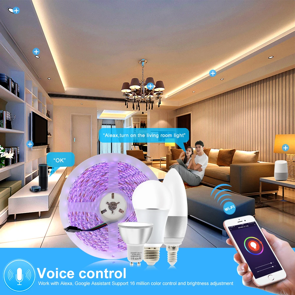 Беспроводной wifi-патрон, умный свет лампы RGB E27 E14 GU10 приложение управления лампочки с регулируемой яркостью wifi RGB светодиодные полосы набор работает с Amazon Alexa Google