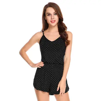 

Women V-Neck Adjustable Spaghetti Straps Dot Short Sleepwear Jumpsuit Rompers