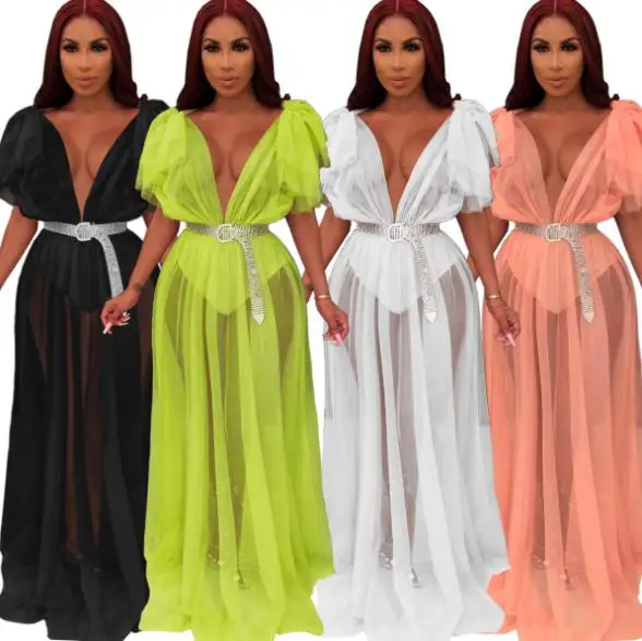 

BKLD Fashion Neon Green Mesh Transparent Sleeveless Long Dress 2019 Hot Summer Women Sexy V-neck Beach Cover-up Party Maxi Dress