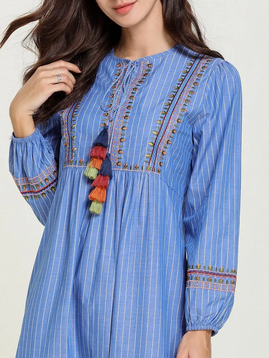 Abaya/турецкое платье-Кафтан; модное простое осеннее платье в синюю полоску с вышивкой; повседневное арабское платье Musulmane Femme