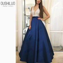 Обычай плюс размер бисером платье выпускного вечера V шеи Тяжелая Бисероплетение Топ вечерние платья Синий открытая спина пышные линии платья выпускного вечера атласные