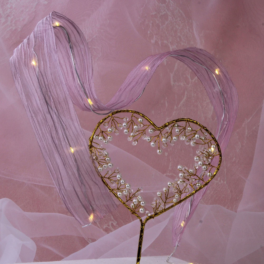 

Decoration Wedding Party Supplies Silk With LED Lights Romantic DIY Happy Birthday Sweet Changeable Cake Topper Chiffon Ribbon
