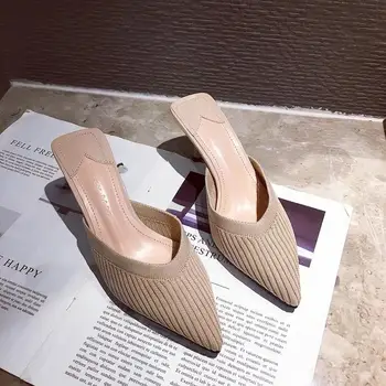 

Slippers Casual Low Pointed Toe Shoes Slides Women Heels Pantofle Luxury High Cover 2020 Thin Fabric PU Rome Basic Rubber