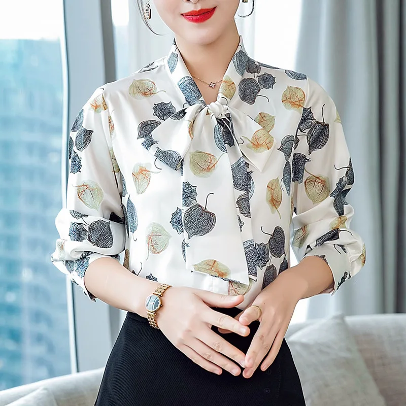 Camisa De Cetim de seda Mulheres blusas flor imprimir Длинные рукава шифон mulheres топы blusas camisas blusas