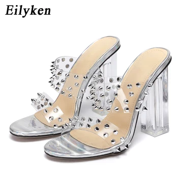 

Eilyken Sexy PVC Transparent Strap Silver Rivet Design Women Slippers 2020 Summer Fashion Clear Perspex High Heels Party Shoes