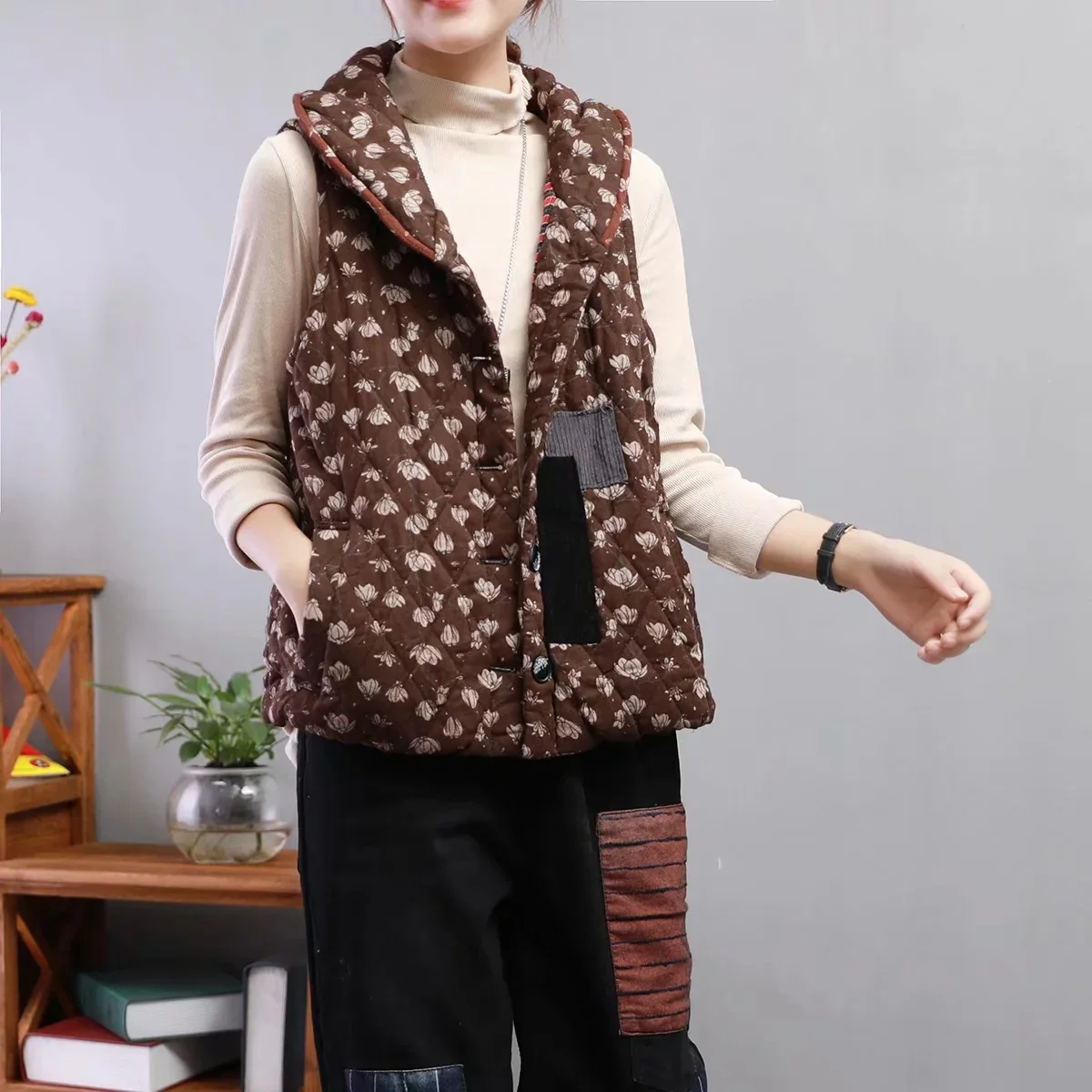 

Retro Literature And Art Floral Small Cardigan Fold-down Collar Sleeveless Vest Tops Short Versatile Casual Cotton Overcoat