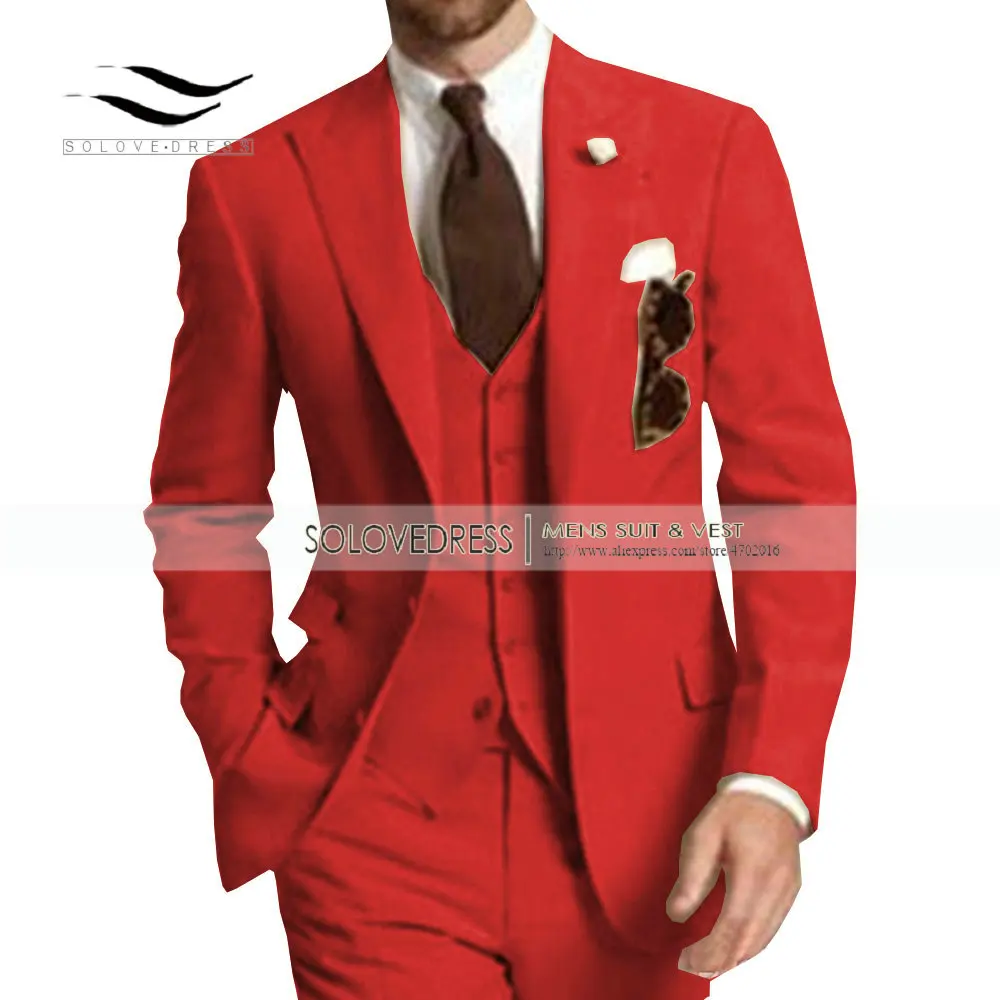 Модный мужской костюм из 3 предметов с v-образным вырезом, смокинги с отворотом для отдыха, мужские свадебные костюмы(пиджак+ брюки+ жилет - Цвет: Red