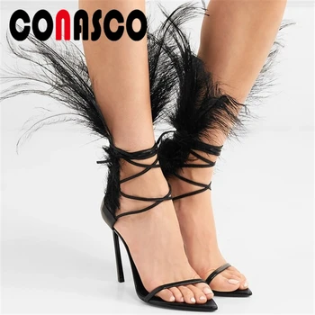 

CONASCO Women Sandals Summer New Fashion Sexy Feather Narrow Band Wome Pumps Wedding Party Night Club Patent Leather Shoes Woman