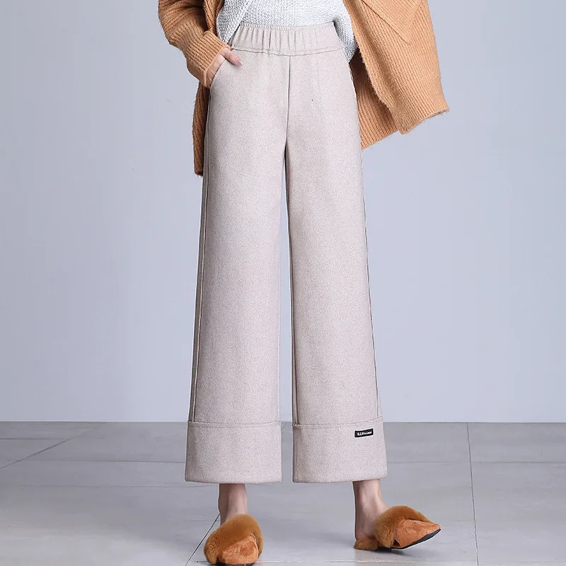 Wide Leg Pants Women High Waisted Elastic Autumn Winter Warm Solid Color Elegant Wool Office Lady Woolen Trousers Plus Size