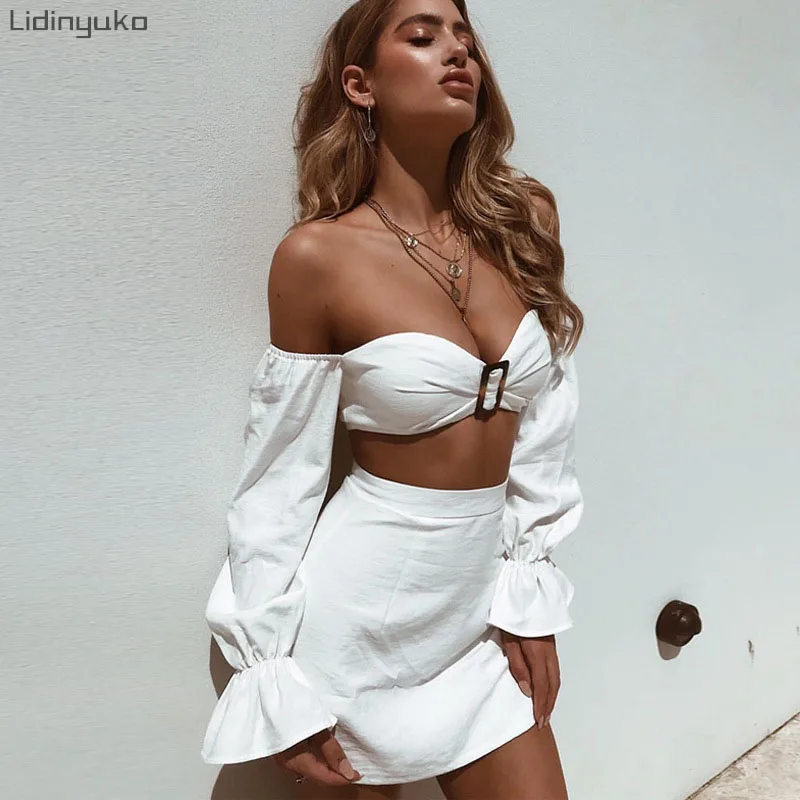 

Sexy Tube Top Long Sleeve Solid Color Suit 2019 Female Summer Sequins Metal Buckle Holiday Bag Hip Skirt 2 Piece Set Women
