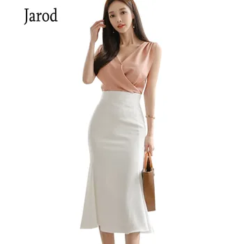 

Summer Pink Sleeveless V-Neck Vest Top Bodycon Fishtail White Skirt Women Sexy Two Piece Party Suit Dress
