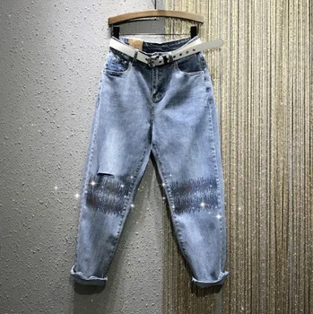 

Jeans Foe Women 2020 Spring and Summer New Style High Waist Holes Knee Hot Drilling Casual Harem Cowboy Denim Pants Jeans