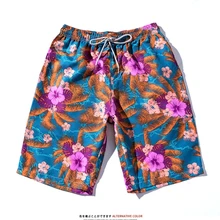 Мужские летние модные повседневные Гавайские Пляжные штаны на шнурке с карманами, Пляжные штаны с цветочным принтом для влюбленных, прямые шорты