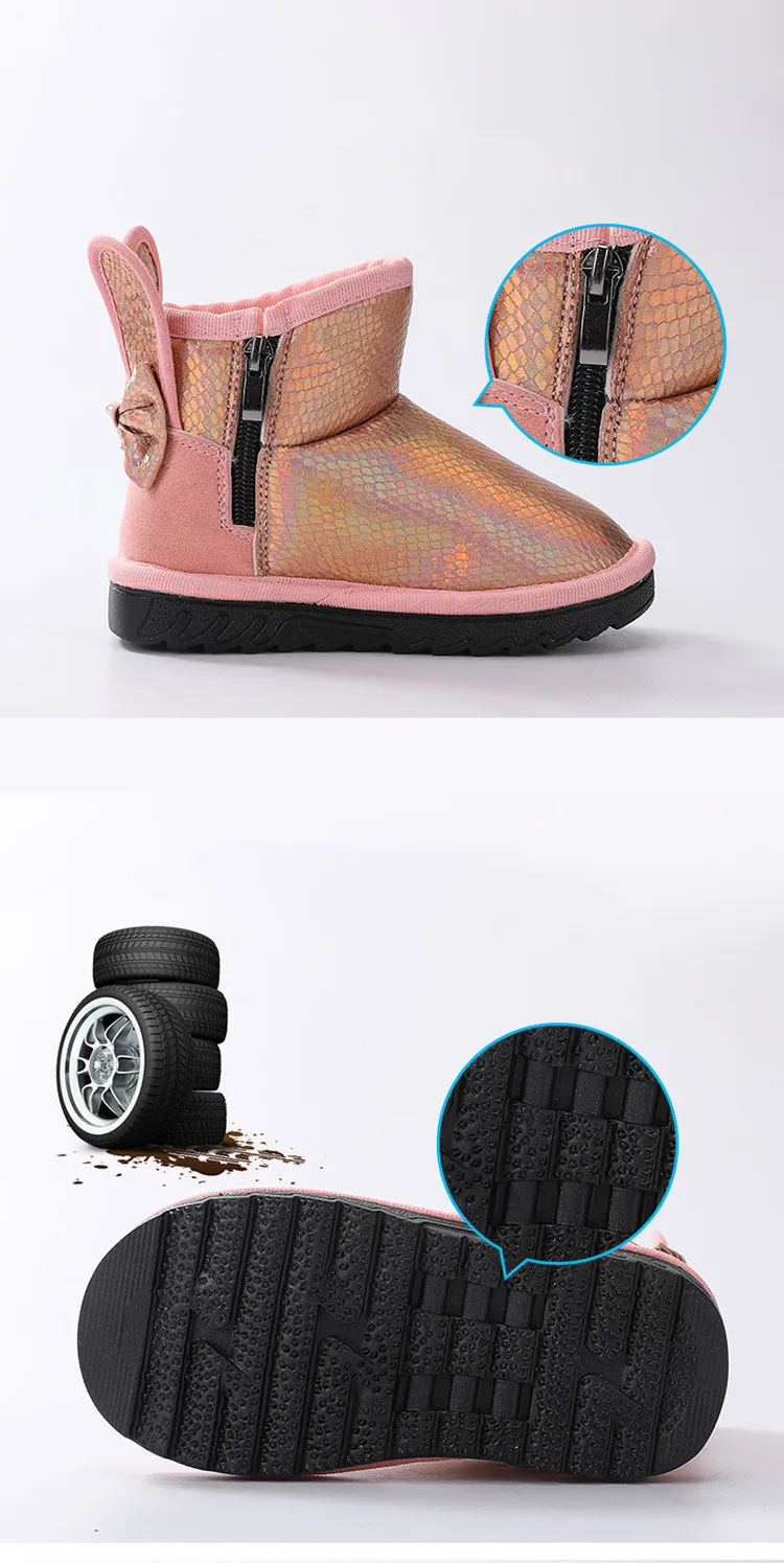 Ботинки для девочек; зимняя водонепроницаемая хлопковая обувь на меху для мальчиков; нескользящие теплые ботинки с блестками и рисунком кролика
