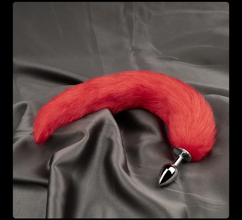 Unisex Metal Silver Anal Butt Plug with Red Fox Tail