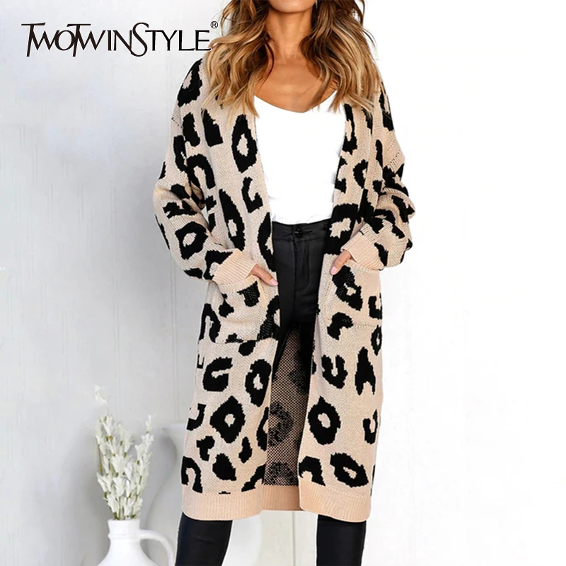 

TWOTWINSTYLE Leopard Print Women's Sweater Long Sleeve Knitting Cardigans Autumn Knitted Midi Sweaters Female 2019 Fashion New