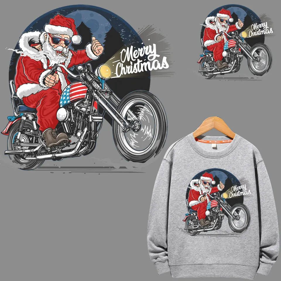 

Iron-on Transfer Christmas Patches for Clothing Ironing Stickers Deer Snowman Motorcycle Santa Claus Printing Applique Decor