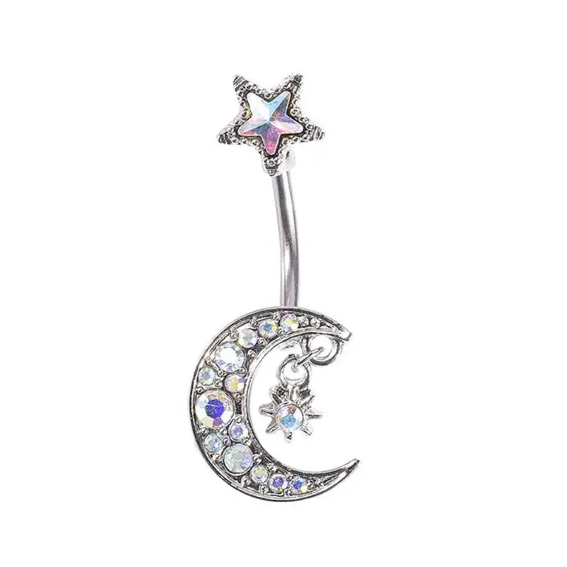 Silver Хрустальные стразы, луна, звезда, пупка, кольцо, сексуальный пирсинг для тела, пупка, Женские Ювелирные изделия, 3,4*1,4 см - Окраска металла: Silver