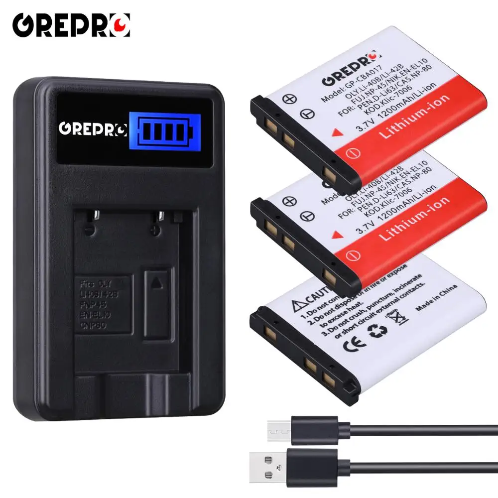 GREPRO Li-40B Li ion аккумулятор 40B 42B Батарея+ ЖК-дисплей USB Зарядное устройство для цифровой камеры Olympus Li-42B NP-45 D-Li63 D-Li108 NP-80 CNP80 KLIC-7006 EN-EL10 Батарея - Цвет: 3B with charger