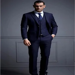 2021 New High-Quality Custom-Made Navy Blue Peak Lapel Design Men's Suit Two Buttons 4- Piece Set (Coat + Pants + Vest + Tie)