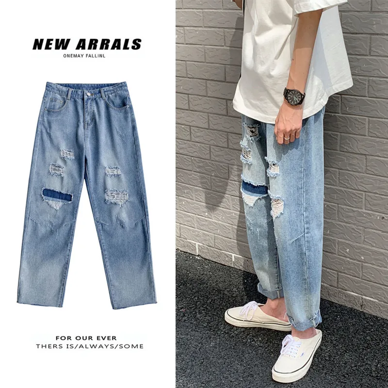 

Summer Hole Patch Jeans Men's Fashion Washed Retro Straight Jeans Men Streetwear Wild Loose Hip Hop Hole Denim Pants Mens M-3XL