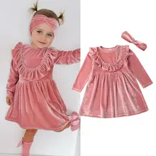 Focusnorm/От 1 до 6 лет; осеннее платье для маленьких девочек; Розовая одежда; бархатное платье с длинными рукавами; платье принцессы; повязка на голову; одежда из 2 предметов
