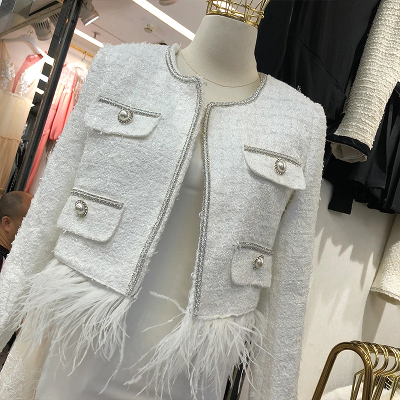 

2019 Spring Ostrich Feather Can Removable Small Fragrant Wind Plus Cotton Jacket Women's Slim-Fit Winter Coat Tweed Jacket