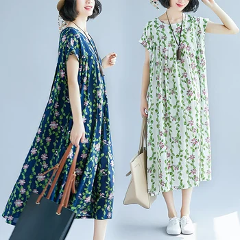 

087# Floral Printed Thin Cotton Linen Maternity Maxi Long Dress Summer Fashion Plus Size Clothes for Pregnant Women Pregnancy