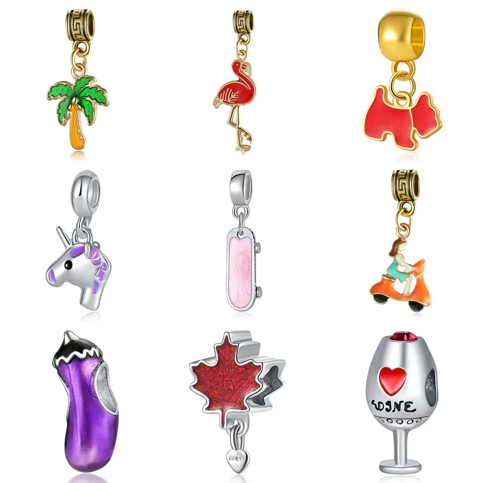 

Silver Plated Bead Fit Pandora Bracelets Red Maple Eggplant Unicorn Skateboard Flamingo Dangle Charm DIY Jewelry