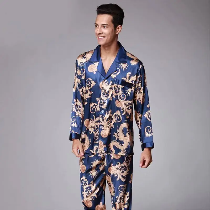 

Men Silk Satin Pajamas Pyjamas Set Autumn Winter Long Sleeves Long Pants Pajama Men Printed Pyjamas Male Newlywed Robes Pijama