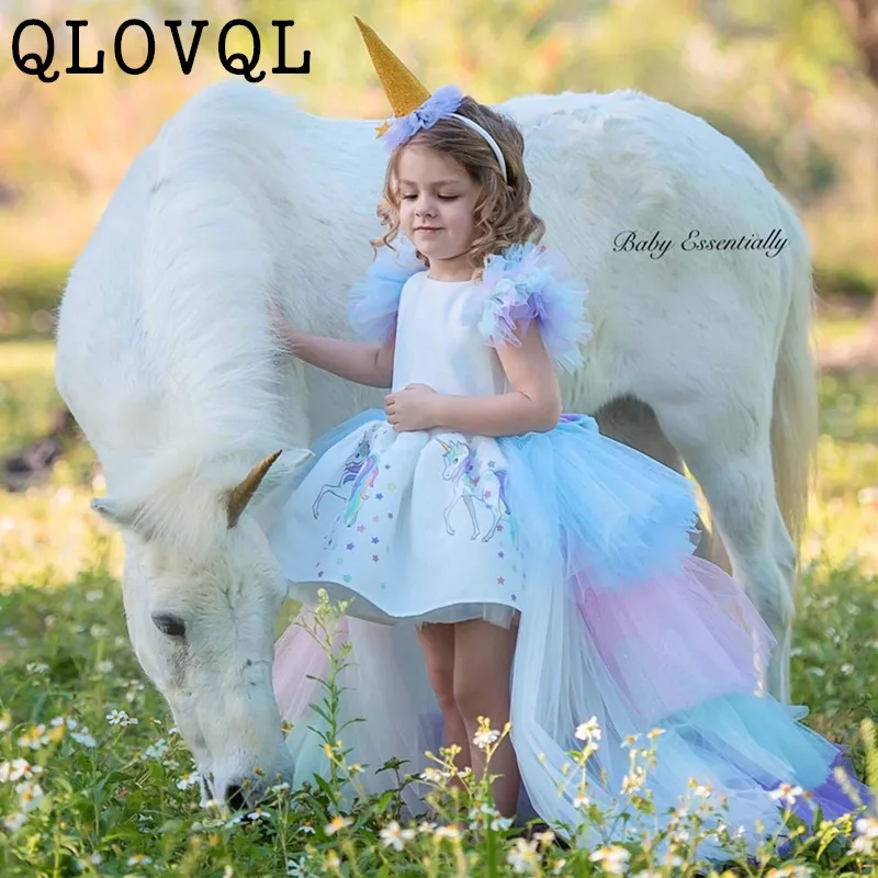 Платье принцессы с единорогом для девочек на день рождения, с открытой спиной, со съемным длинным хвостом, свадебное платье, Детский костюм для костюмированной вечеринки на Хэллоуин