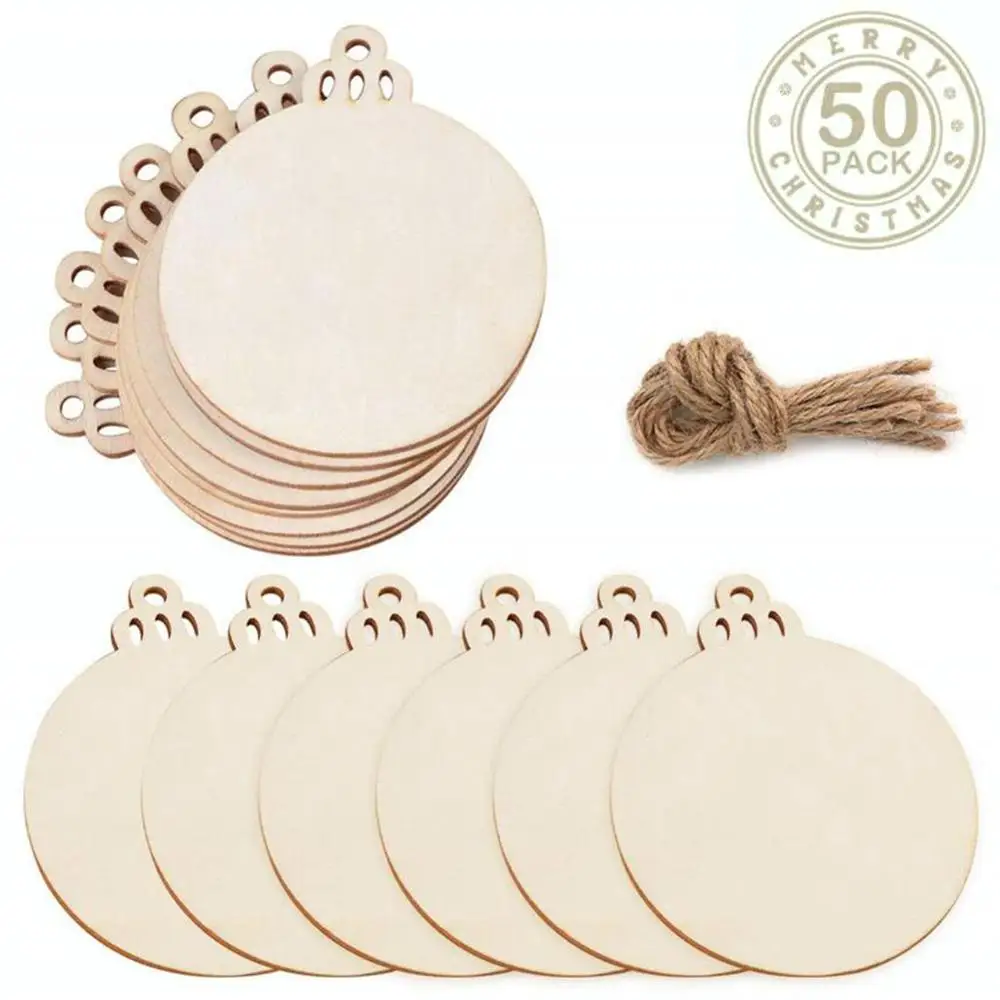 50Pcs 50 шт./лот, круглая форма, натуральные деревянные украшения, подвесная Рождественская елка, поделки из дерева, с отверстием, веревка, украшение для дома, подарок - Цвет: 50Pcs