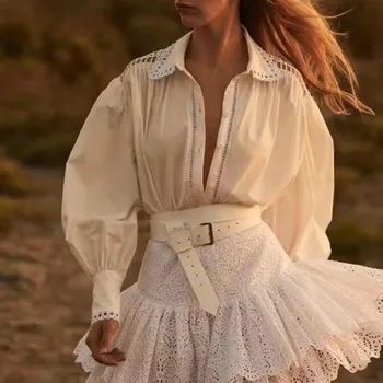 

Elegant Embroidered Hollow Out Women's Shirts Lapel Collar Lantern Long Sleeve Blouse Female 2019 Autumn Fashion New