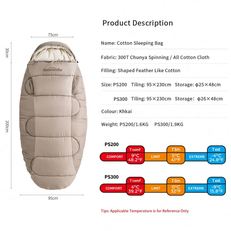 Naturehike PS Series Sleeping Bag Outdoor Pancake Sleeping Bag Washable Camping Warm Imitation Feather Cotton
