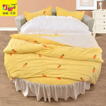 

Customized Size Thickened Winter Coral Velvet Round Bed 4 Pcs Bed Skirt Cartoon Cute Bedding Carrot Yellow