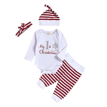 

New Autumn Baby Boy Girl Clothes Set Christmas Costumes Long Sleeve Letters 4pcs Stipend Trousers Hat Headband Set For 0-24M