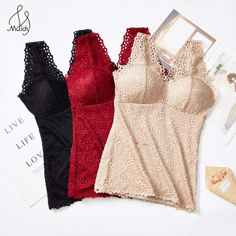 

Maidy Big Size Women Lace Thermal Underwear Vest Cotton With Chest Pad Winter Warm Thickened Plush Tank Deep V-Neck Sleeveless