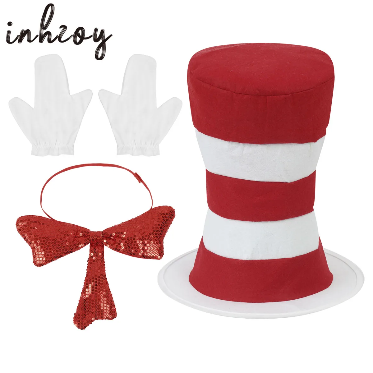 Cat in the Hat Kit Gloves Bow Tie Dr Seuss Halloween Adult Costume Accessory 