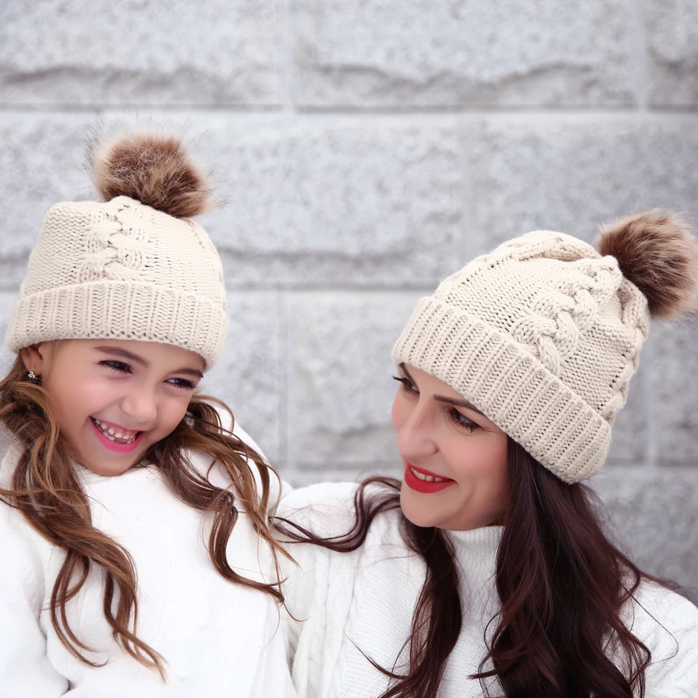Новая модная женская шапка детская зимняя теплая вязаная шляпа шапка с помпоном детские шапки зимние шапочки 2 размера теплые аксессуары