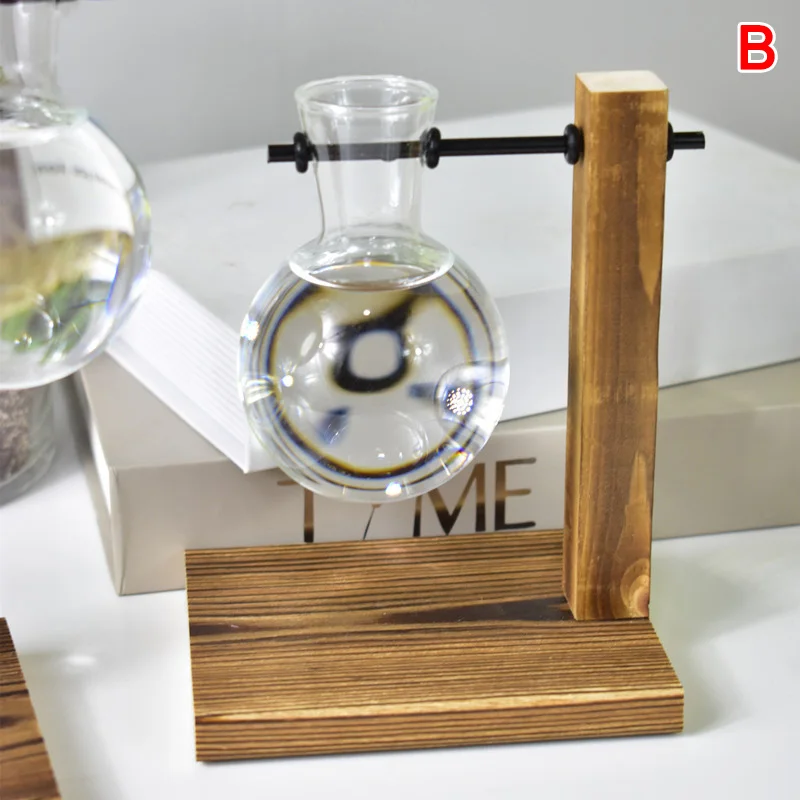 

Table Desk Bulb Glass Hydroponic Vase Flower Plant Pot with Wooden Tray Office Decor AIA99